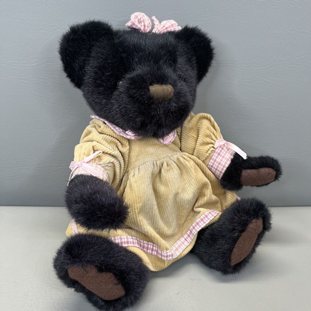 SKM Enterprises Black Teddy Bear Beige Corduroy Dress Plush Stuffed Toy Vintage